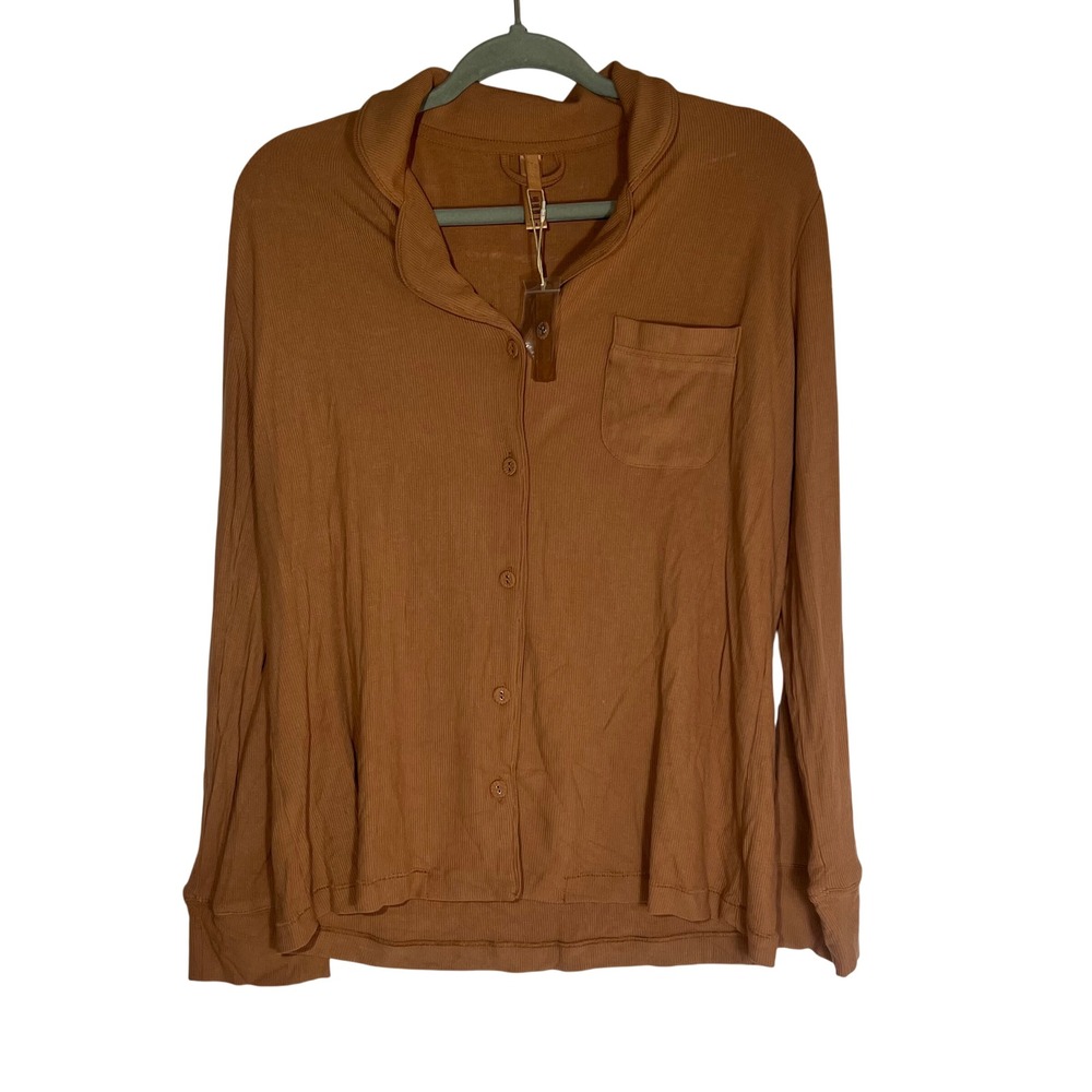 SKIMS Women's Sleep Top Long Sleeve Ribbed Button Front Cozy Loungewear